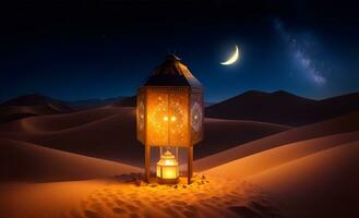 lantern over the desert with a night background, for the purposes of ramadan, eid al fitr, eid al adha, AI generated photo