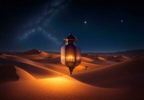 lantern over the desert with a night background, for the purposes of ramadan, eid al fitr, eid al adha, AI generated photo