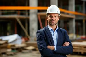 A cheerful worker in a warehouse surrounded by the clatter of machinery construction concept ai generative photo