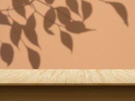 burlarse de arriba para presentación, marca productos, productos cosméticos, comida o joyería. vacío mesa en brillante marrón pared antecedentes. composición con hojas sombra en el pared y de madera escritorio. foto