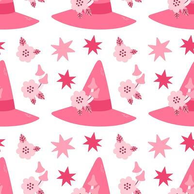 Pink Halloween seamless pattern vector illustration. Pink print in flat style. Halloween lettering quote. Vector illustration