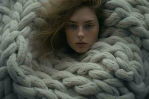 Woman wrapped in large big knitted blanket. Generate Ai photo