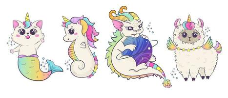 Set of fabulous rainbow animals alpaca, llama, cat, mermaid, dragon and seahorse. Fantastic kawaii characters isolated on white background vector