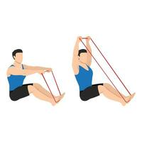 Man doing banded or resistance band seated overhead pull exercise. vector