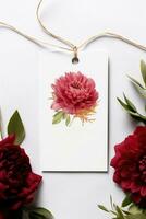 moderno regalo etiqueta burlarse de arriba con rojo flor Perfecto para Boda ai generado foto