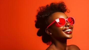 African beautiful female model wearing funky stylish sunglasses, smiling on red background with copyspace AI Generated photo