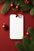 moderno regalo etiqueta para Navidad fiesta Bosquejo en rojo antecedentes ai generado foto