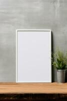 Blank vertical picture frame mockup hanging on a plain wall with wooden desk table and flower vase AI Generated photo