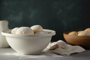 White ceramic bowl with dough on wooden board. Generate Ai photo