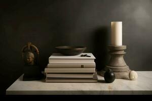 Ancient philosophical tome positioned book dark. Generate Ai photo