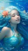 the blue aquarius mermaid in the deep ocean, incredibly beautiful, AI generated photo