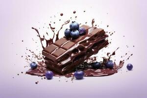 Broken chocolate bar with yummy blueberry fill piece. Generate Ai photo