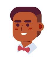 Waiter african american man 2D vector avatar illustration. Black male servant bow tie cartoon character face portrait. Host restaurant flat color user profile image isolated on white background