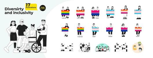 LGBTQ inclusive diverse adult black and white cartoon flat illustration bundle. Diversity colleagues, LGBT pride linear 2D characters isolated. People with disabilities monochromatic vector image pack