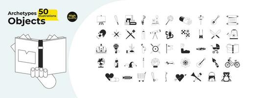 Archetypal symbols black and white 2D line cartoon objects bundle. Fantasy roleplay isolated vector outline items collection. Imagination, hobby monochromatic flat spot illustration collection