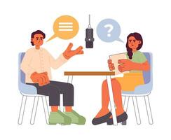 Interview podcast cartoon flat illustration. Indian young adult woman interviewer asking question interviewee man 2D characters isolated on white background. Host guest talks scene vector color image