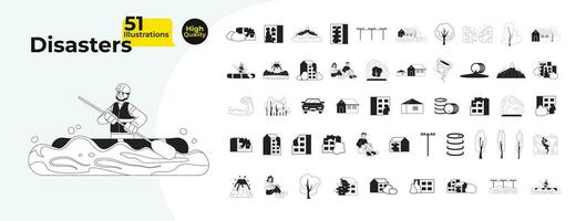 Natural disasters urban black and white cartoon flat illustration bundle. Apartment buildings destroyed, trees linear 2D objects, characters isolated. Catastrophe monochromatic vector image collection