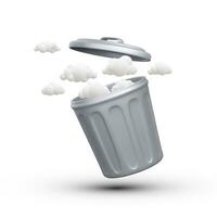 3d realistic minimal open rubbish can with trash clouds output isolated on white background. Environment concept. Air waste. Vector illustration