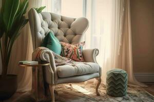 Cozy curved tufted chair. Generate Ai photo