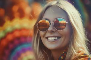 contento sonriente mujer con espejo Gafas de sol. generar ai foto