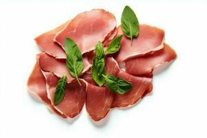 Slices of tasty ham and basil leaves slice. Generate Ai photo