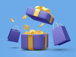 3d realistic open gift box surprise with gold flying coins and shopping bag. Money prize reward. Loyalty program and get rewards concept. Vector illustration