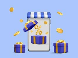 3d realistic shop in smartphone with open gift box and falling coins. Online shopping banner in cartoon style. Design for discount voucher or coupon percentage sale. Vector illustration
