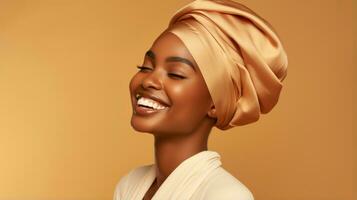 Smiling african woman model with headscarf looking away on beige background with copyspace AI Generated photo