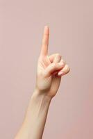 Woman index finger point something in forehand pose AI Generated photo