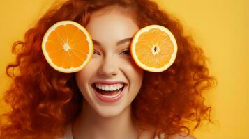 Beautiful Joyful teen model girl takes Juicy oranges slices with funny red hairstyle and professional make up AI Generated photo