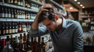 borracho y Deprimido triste joven hombre sufrir desde dolor de cabeza y alcohol retirada ai generado foto