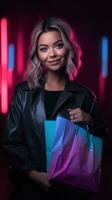 Woman in neon light cyberpunk dark background with shopping bags in black friday, cyber monday sales concept AI Generated photo