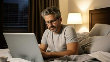 Man lying on bed using laptop computer while working in hotel room as travel business concept AI Generated photo