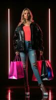 Full body woman in neon light cyberpunk dark background with shopping bags in black friday sales concept AI Generated photo