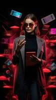 Woman inviting for online shopping with smartphone, black friday, cyber monday sales. neon background AI Generated photo