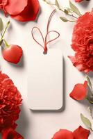 moderno blanco enamorado regalo etiqueta Bosquejo con rojo Rosa hojas pétalos ai generado foto