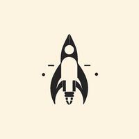 Black rocket icon with decorative lines and stars on a light tan background. Symbolizes space travel and adventure. vector