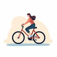 Woman riding a red bicycle. Wears orange top and blue pants. Long brown hair flows. Beige and blue background. vector
