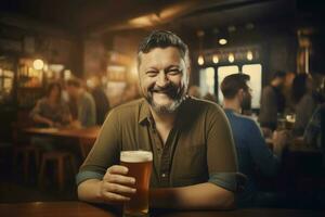 Portrait of cheerful chunky man sitting in pub. Generate ai photo