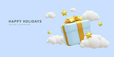 3d realistic gift box around clouds and stars. Banner, poster, website or greeting card for happy holidays concept. Vector illustration