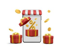 3d realistic shop in smartphone with open gift box and falling coins. Online shopping banner in cartoon style. Design for discount voucher or coupon percentage sale. Vector illustration