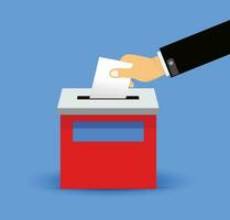 hand putting voting paper in the ballot box , In big cities, vector illustration