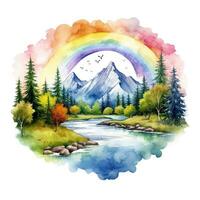 Bright watercolor landscape, rainbow nature illustration, forest, mountains, trees. Generative AI photo