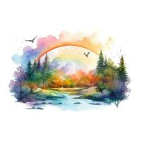 Bright watercolor landscape, rainbow nature illustration, forest, mountains, trees. Generative AI photo