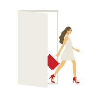 joven mujer con compras bolso viniendo fuera de el puerta vector ilustración