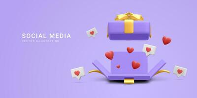 3d realistic open gift box with hearts and likes. Vector illustration