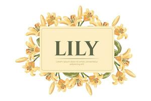 Decorative botanical label illustration. Floral arrangement, frame of yellow cartoon lily flowers. Vector isolated Design element for packaging.