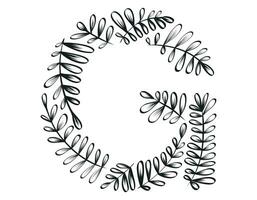 Isolated vector decorative letter G of the Latin alphabet. Botanical font, black sketch branches and leaves.