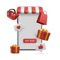 3d realistic store in smartphone with shopping cart, shop bag and gift box in cartoon style on white background. Poster or web page for grand opening new store. Vector illustration