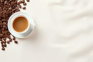 Cup of coffee on a white background, empty space for design, grains, surface, banner photo